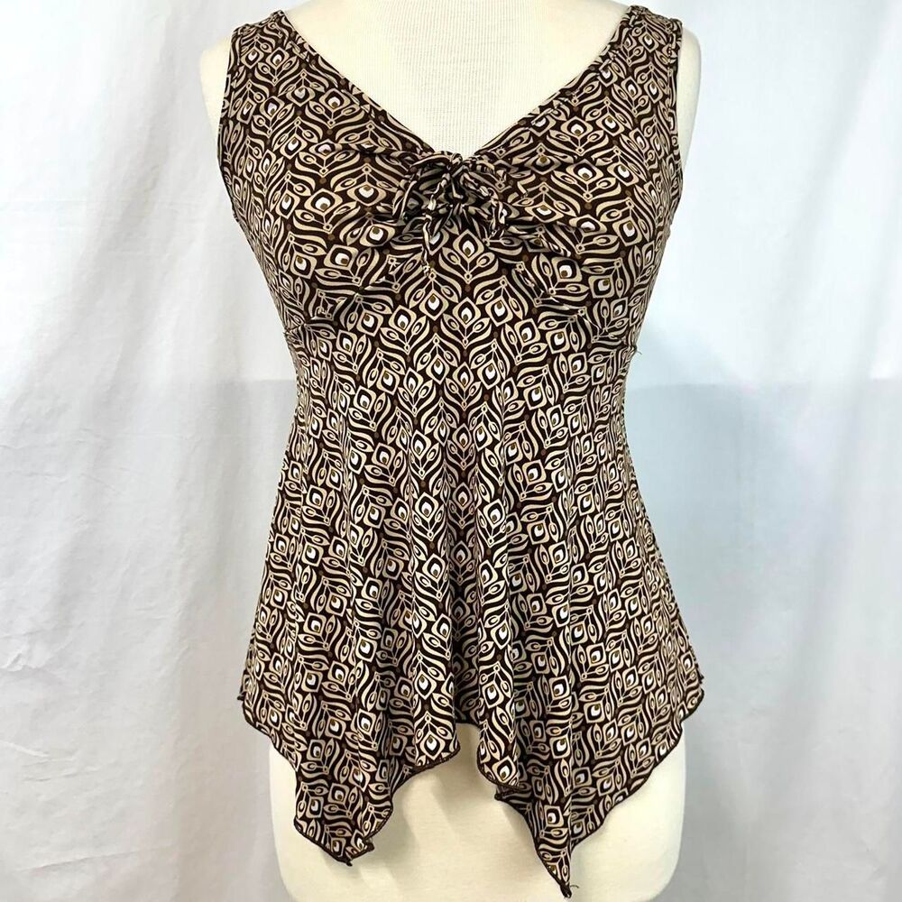 VOLUME ONE Brown Botanical V Neck Babydoll Tank Handkerchief Hem Womens‎ S Y2K